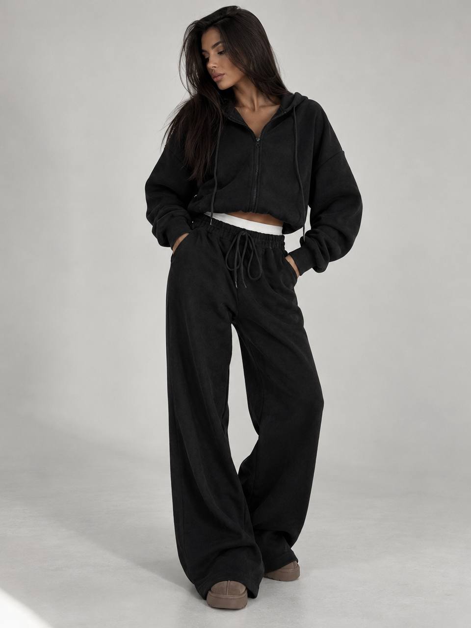 Костюм з вельвету на флісі oversize з капюшоном 332 — Чорний