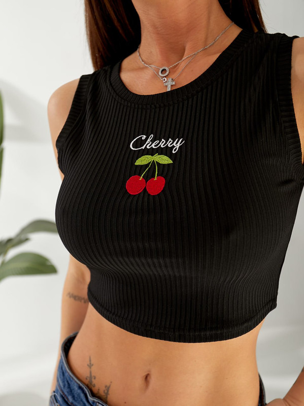 Кроп-топ з вишивкою CHERRY рубчик 775 — Чорний