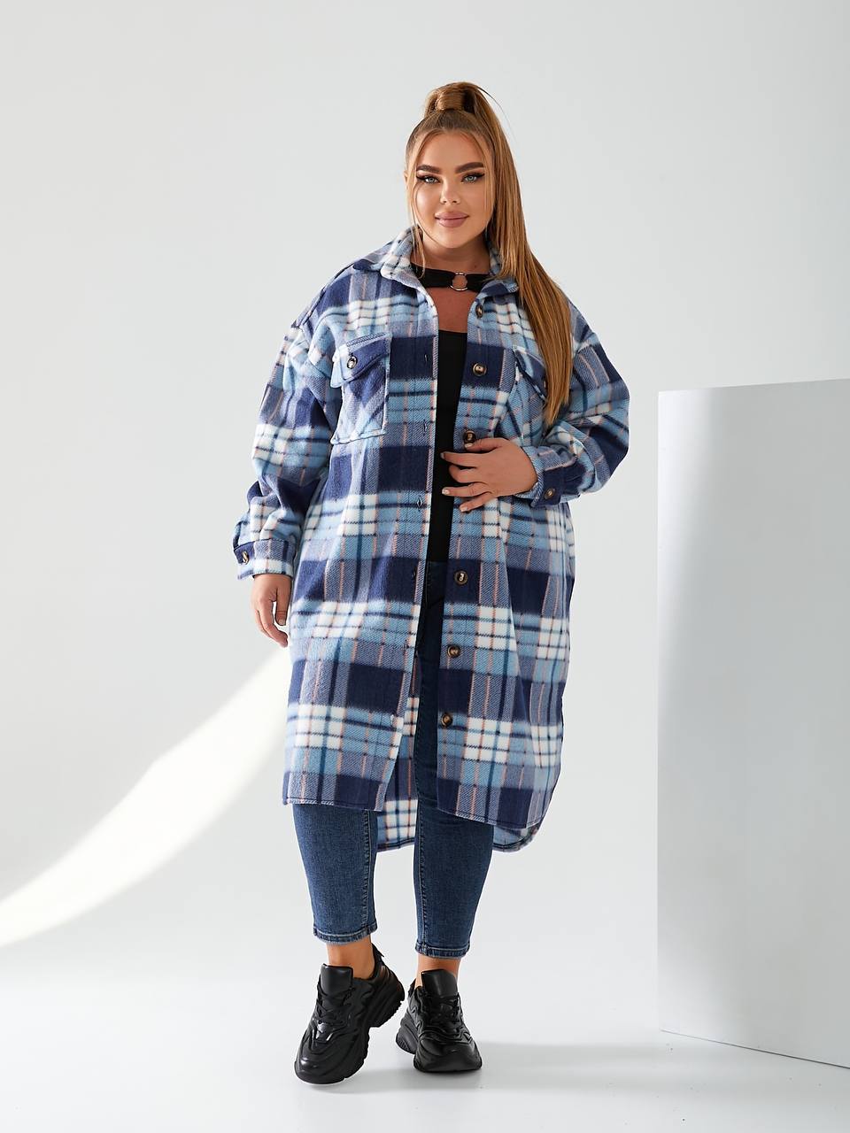 Сорочка подовжена oversize клітинка 610 — блакитний