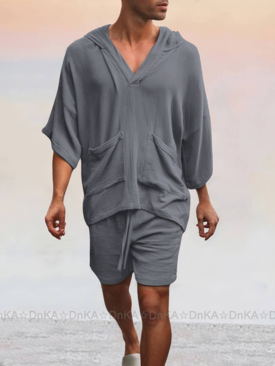 Чоловічий костюм шорти сорочка віскоза трикотаж 20% льон  №4413-15538 — графіт
