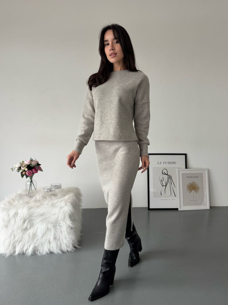 Костюм з ангори в'язки з кофтою і спідницею міді 499