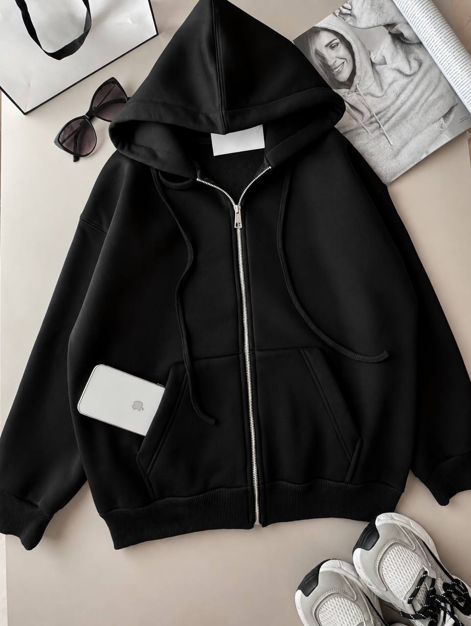 Zip HOODIE подвійний капюшон 687 — Чорний