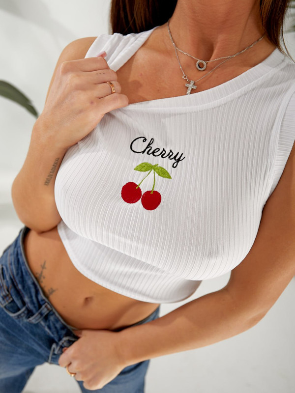 Кроп-топ з вишивкою CHERRY рубчик 775 — Білий