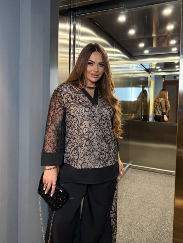 Елегантний брючний костюм сітка флок блиск трикотажний підклад 0778 купити photo 2025 11 07 13 14 26